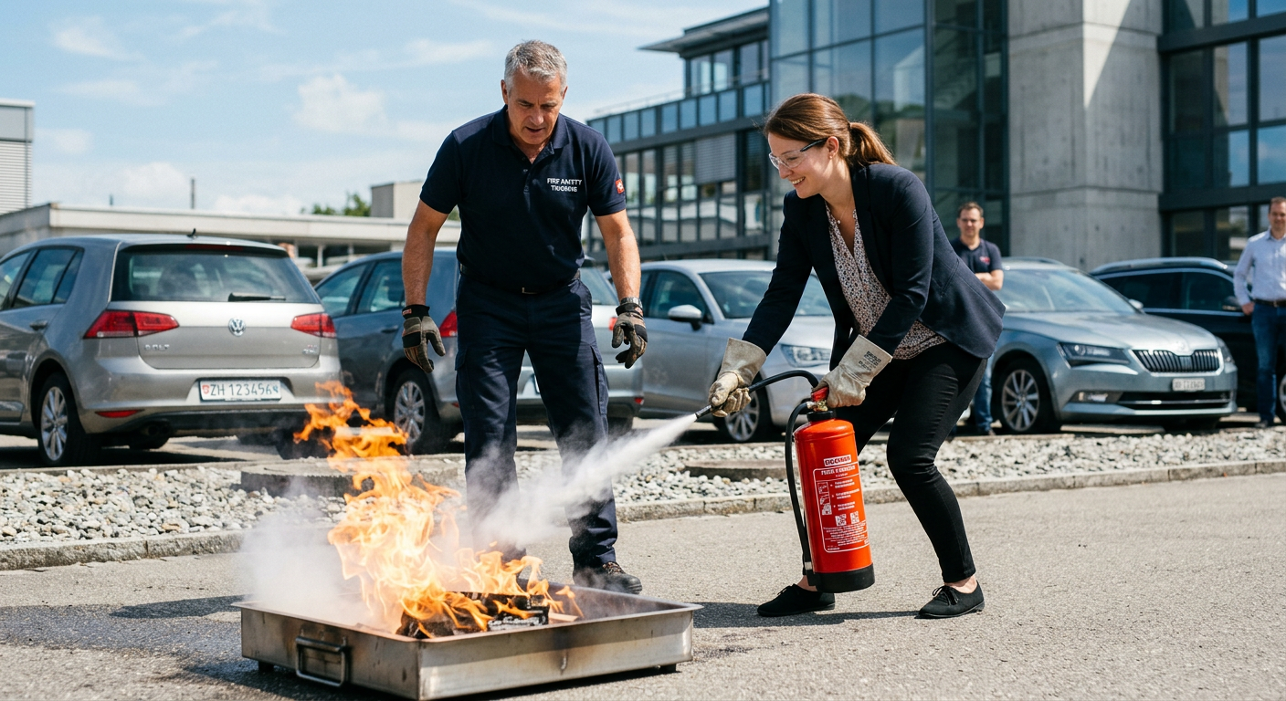 Feuerlöscher Schulung im Betrieb: Eine Mitarbeiterin löscht unter Anleitung eines Instruktors ein Feuer am Brandsimulator mit einem Handfeuerlöscher.