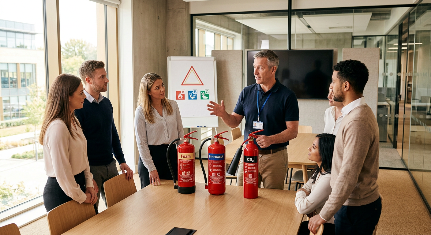 Theorieteil der Feuerlöscher Schulung: Ein Instruktor erklärt einer Gruppe von Mitarbeitenden verschiedene Feuerlöscher-Typen wie Schaum-, Pulver- und CO2-Löscher.