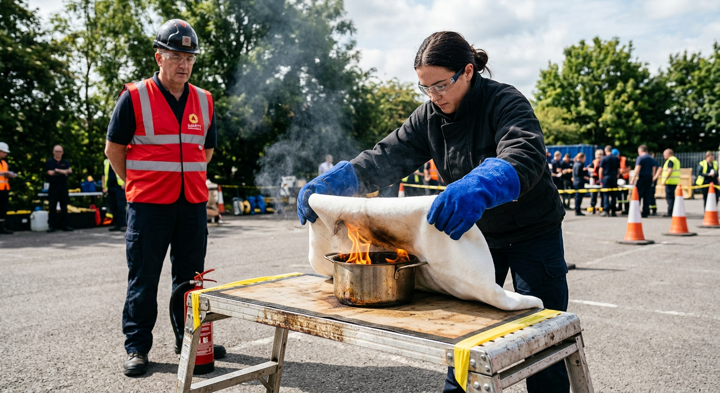 Praxisübung in der Feuerlöscher Schulung: Eine Teilnehmerin erstickt einen Fettbrand mit der Löschdecke.